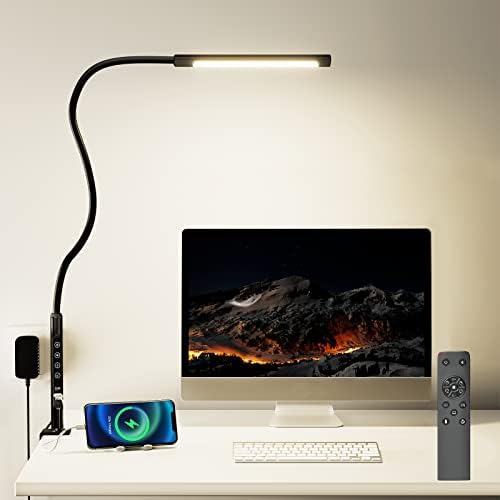 LED Desk Lamp Clamp with Charging Phone 2 USB Port Reading Light Eye-Care 6 Colors 6 Brightness Table Daylight 12W Timing Function Remote Touch Control Accessories Work Study Home Office ( Adapter )
