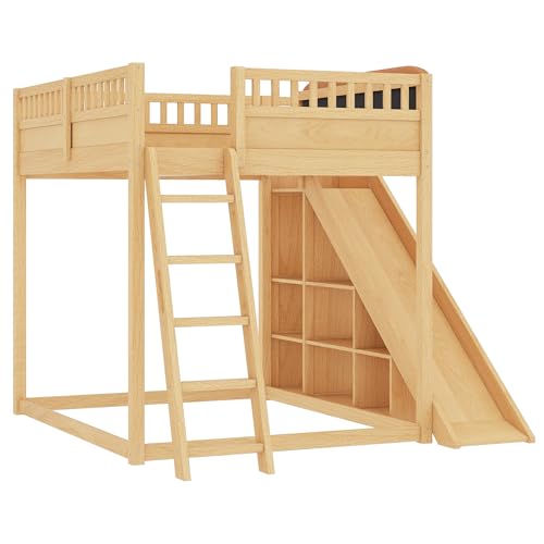 Image of Bellemave Bunk beds Full Over Full with Slide and Stair and upholstered headboard, Low bunk /loft Bed for Kids,Natural