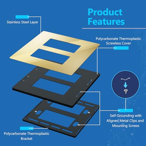 Image of LIDER Double Decorator Metal Wall Plate, Temperature and Impact Resistant, Screwless Cover, Modern Upgrade, Mid-Size 2-Gang 4.88 inch x 4.92 inch, LSMWP-32M-PB, UL Listed, Stainless Steel, Polished Brass