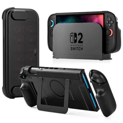 COOWPS P2 Coque pour Nintendo Switch 2, avec Poignée Ergonomique Antidérapante, Design Magnétique Et Support Stable, Couvercle Rigide De Voyage avec Protection Complète Et 12 Emplacements pour Cartes