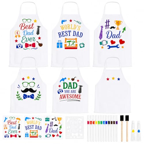 Cinrobiye 6PCS DIY Apron Gift for Dad, Funny BBQ Grill Apron Craft Kit, Personalized Cooking Apron Set for Father, Grandpa & Husband, Creative Handmade Gift for Father’s Day & Family Activity