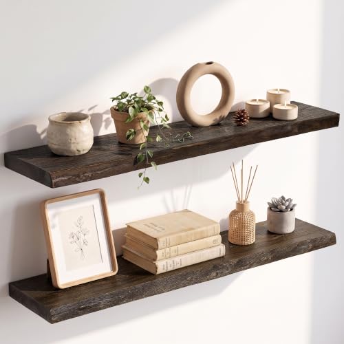 Image of Live Edge Elm Floating Shelves - 36 In Rustic Solid Wood Shelves with Heavy-Duty Invisible Bracket, Wall-Mounted Wooden Shelf for Living Room, Bathroom, Kitchen Storage & Display, Set of 2, Walnut