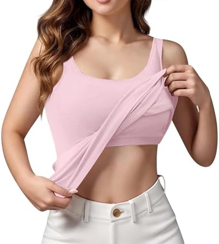 Tank Tops with Built in Bras Womens Casual Summer Basic Cotton Padded Wide Strap Sleeveless Shirts Breathable Workout Yoga Camisole Top Plus Size Ladies Loose Fit Athletic Undershirts Pink - 1