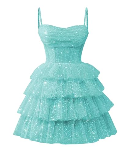 Spaghetti Straps Homecoming Dresses for Teens Sparkly Short Cocktail Dress Tulle Tiered Prom Ball Gown