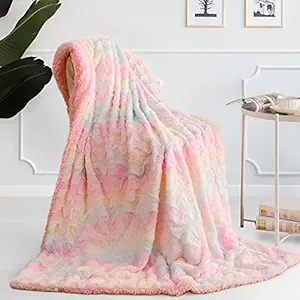 Andecor Fuzzy Rainbow Throw Blanket for Girls - 50 x 60 Inches Warm and Cozy Fleece Colorful Blankets for Baby Bedroom Couch, Faux Fur Sherpa Blanket for Home Decorative, Pink
