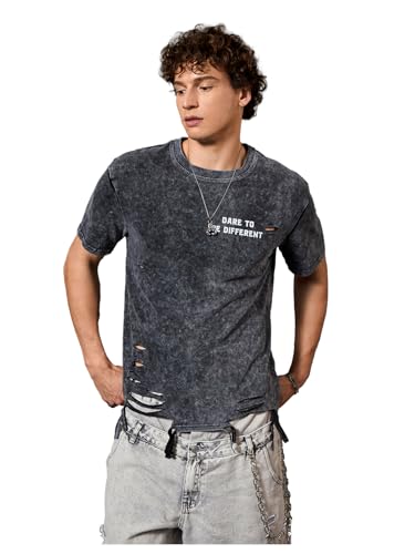 RoseSeek Men's Ripped Distressed Graphic Tees Short Sleeve Crew Neck Letter T Shirts Washed Streetwear Black Medium