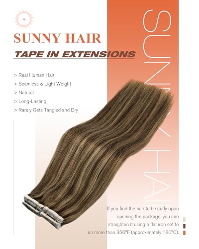 Sunny Hair Brown Tape in Hair Extensions Human Hair Highlights Real Hair Tape in Extensions Dark Brown Highlights Caramel Blonde Tape in Hair Extensions Brown Human Hair Extensions 20pcs 50g 18in - Thumbnail 3