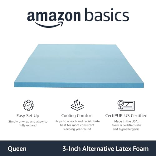 Image of Amazon Basics Cooling Gel-Infused Alternative Latex Queen Mattress Topper, CertiPUR-US Certified, 3 Inches, Blue