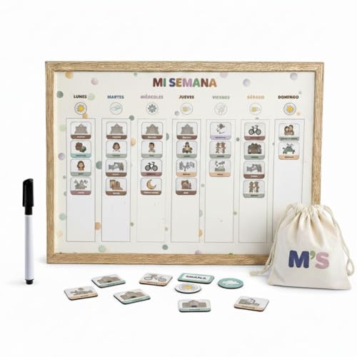 MUY MAMIS Calendario semanal infantil magnético en Español – Planificador Montessori con actividades y clima – horario semanal para niños -Agenda pizarra con imanes para niños con pictogramas