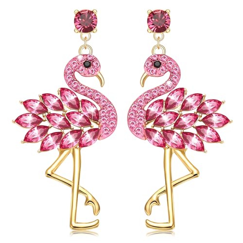 Rhinestone Flamingo Earrings Glitter Crystal Flamingo Friendly Dangle Earrings Pink Tropical Bird Drop Earrings for Women Hawaiian Summer Beach Vacation Earrings Jewelry Gift