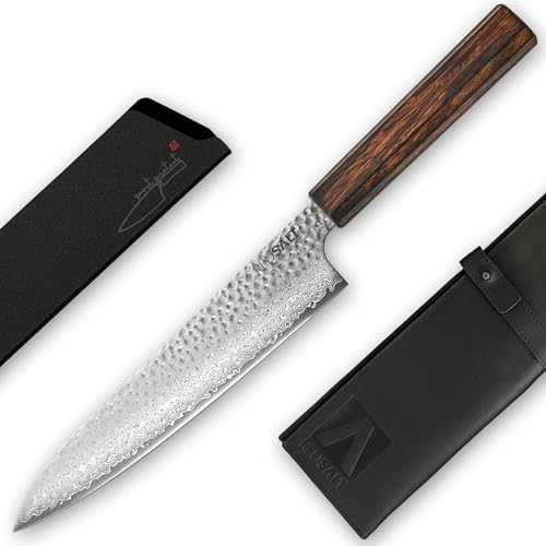 REDSALT® Professional Series GYUTO 牛刀 21cm Damaststahl 69 Lagen Chefmesser handgefertigt in Japan | Profi Kochmesser & Ledertasche | Damast Hammerschlag Klinge | Damastmesser Küchenmesser