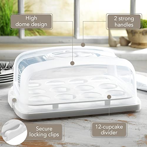 Mosjos 2In1 Cupcake Carrier And Cake Keeper With Lid, Cupcake Box To Fit 12, Sturdy, Bpa-Free Cupcake Holder With Two Secure Side Closures, Dishwasher Safe (White) #TOP6