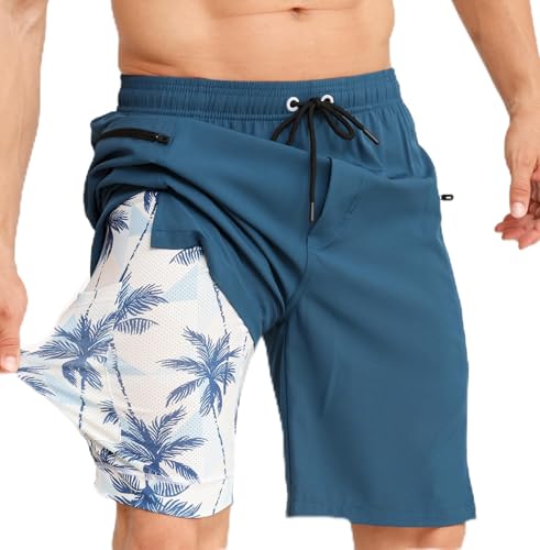 APTRO Swimming Shorts Men Swim Trunks with Compression Liner 2 in 1 Quick Dry Beach Summer 9'' Board Shorts with Zipper Pockets Loch Ness Blue MK380 S