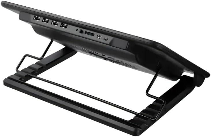 Cooler Master NotePal ErgoStand IV from the rear, showing the USB hub ports and fan control.