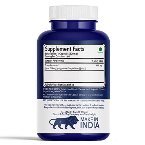 FITNESS VEDA Trans Resveratrol 99.9% Pure 500 mg Supplement Healthy Aging forever youth | Anti-Inflammatory | Improves Metabolism and Heart health (60 Veg Capsules)