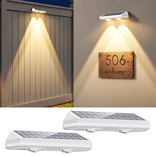 Image of Solar Fence Lights Outdoor ,3000 /4500 /6000K 13 Mode, 2 Pack Fence Lights Solar Powered with Ultra-Bright Lens IP65 Waterproof,Solar Wall Light for Backyard /Step /Patio /Deck /Stair /Railings(White)