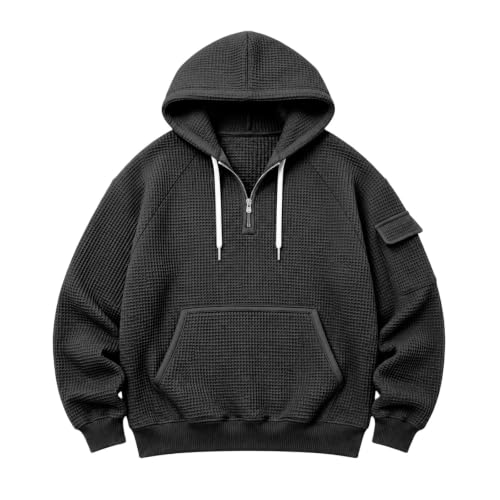 ENCURKUS Mens Quarter Zip Pullover Cozy Waffle Knit Long Sleeve Sweatshirts | Big and Tall Hoodies for Men,Oversized Long Sleeve Drawstring Pullover Tops,Fall Winter Loose Fit Travel Going Out Streetwear - image 3