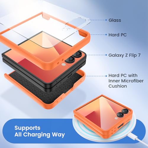 Image of Ruky for Samsung Z Flip 7 Full Body Slim Case, Orange | Protective Cover Hard PC Ultra Anti-Scratches Shockproof Wireless Charging Phone Case for Samsung Galaxy Z Flip 7, Orange