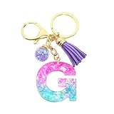Fuqimanman2020 Glitter Letter A-Z Keychain Pink Blue Resin Alphabet Initial Letter Pendant Accessories with Purple Tassel Glass Ball-G