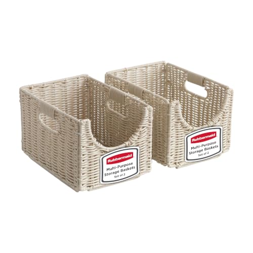 Rubbermaid Woven Storage Baskets - Set of 2 Stackable and Collapsible Bins with Handles, Small Resin Rattan Organizers for Shelves, Closet, Bathroom, Bedroom, 11.5” x 8”, Ivory