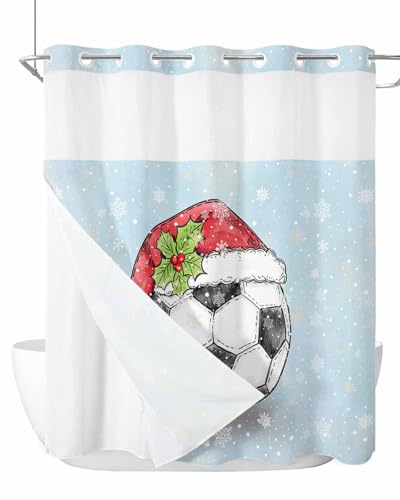 No Hooks Shower Curtain with Snap in Fabric Liner Set, Christmas Football Santa Hat Winter Snowflakes Shower Curtains Waterproof Bathroom Curtain with See Through Top Window,72x72in Blue Gradient