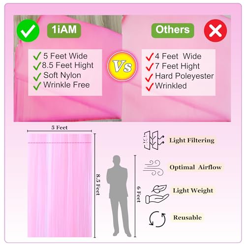 Image of 1iAM 5pcs Pink Decoration Net Light Combo - 4pcs Large, Stitched with Ribbon, Nylon Made, Reusable, Soft, Wrinkled Free, 8.5x5ft Each, Backdrop Decor Net & 1pc 11m Rice Light for Any Party or Event