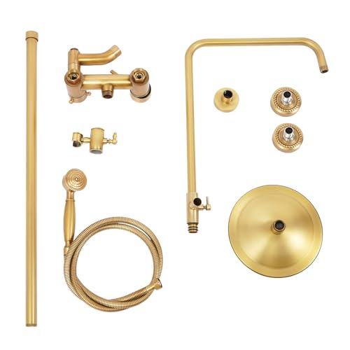 Système de douche rétro avec douchette à main, ensemble de douche au look laiton antique, avec douche de pluie et pommeau de douche réglable en hauteur (85...