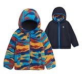 LONDON FOG Boys' Reversible Midweight Hooded Jacket, Navy to Dino Fleece, 4