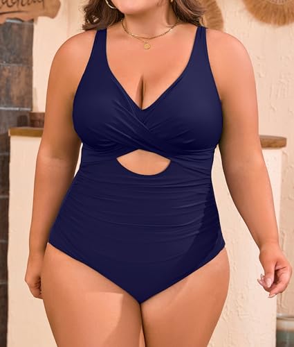 B2prity Womens Plus Size Swimsuit Tummy Control One Piece Bathing Suit Tie Back Cutout Ruched Swimwear4