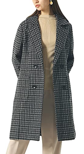 Image of chouyatou Women Elegant Notched Collar Double Breasted Wool Blend Over Coat (Medium, Black-Plaid)