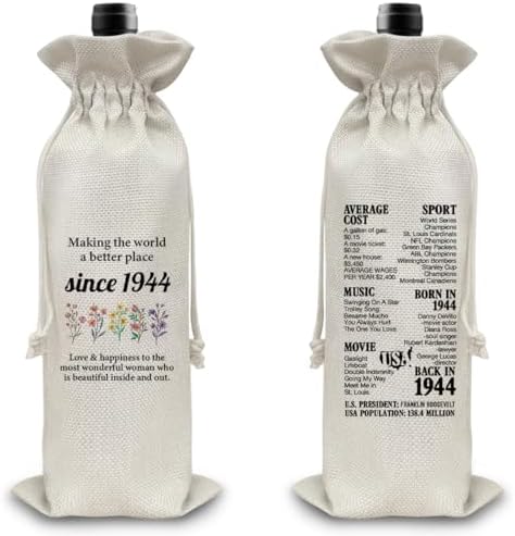 QZJ 80th Birthday Gifts Wine Bag Congratulations Gifts for Women Men Parents Mom Dad Anniversary 1944 with Time Information Wine Gift Bag