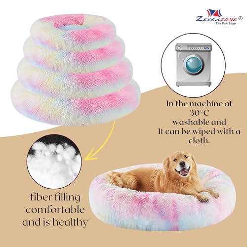 Image of ZEXSAZONE Round Donut Pet Bed for Cats and Puppies Dogs Mat, Cozy and Plush, Raised Bedside Support, Both Sides Use Like 2 in One, Washable, Sizes for Small, Medium, and Large Pets. (Rainbow, Medium)