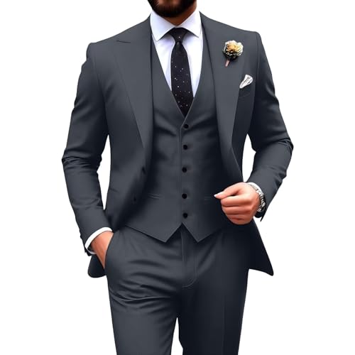 Mens Suit Slim Fit 3 Piece Blazer Vest Pants Set Peak Lapel Formal Business Wedding Prom Groom Suits
