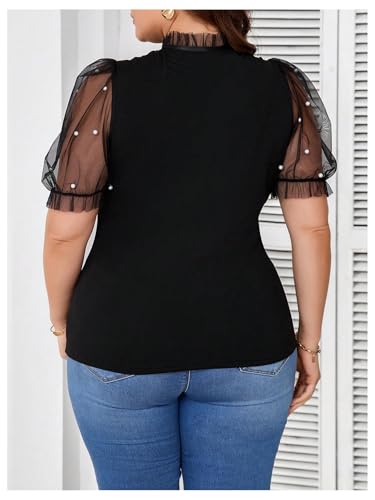 WDIRARA Women's Plus Size Mesh Patchwork Pearls Blouse Tie Neck Puff Short Sleeve Top2