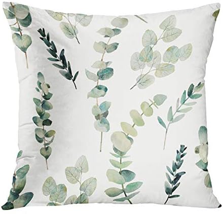 Emvency Throw Pillow Covers Decorative Green Leaf Watercolor Multipack Eucalyptus Branches Hand Floral with Plant Objects on White Natural Greenery Twig 18x18 Inch Cushion Pillowcase Sofa Square Print