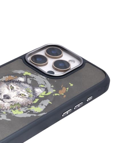 Image of Nimmy Dazzling MagSafe Embroidery Case for iPhone 16 Pro | 3D Animal Design | Shockproof Leather Finish Back Cover | MagSafe Compatible (Dazzling Wolf)