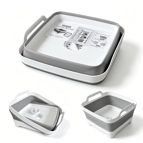 Image of GIMWA Collapsible Wash Basin with Drain Plug - 2.4 Gallon Foldable Kitchen Sink for Baby Bottles, RV Camping, Space-Saving Dish Tub (Gray)