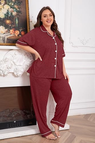 Image of Vozanet Women Plus Size Pajamas Button Down Rayon Softness PJS Classic Sleepwear Short Long Loungewear 2pcs with Pockets