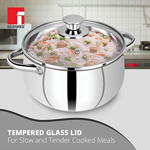 Image of Bergner Acier Stainless Steel Set of 2 Cook and Serve Casserole with 2 Glass Lids, 4 pcs, 2 Casseroles 16cm with 2 Glass Lids, Induction Bottom, Gas Ready, Silver