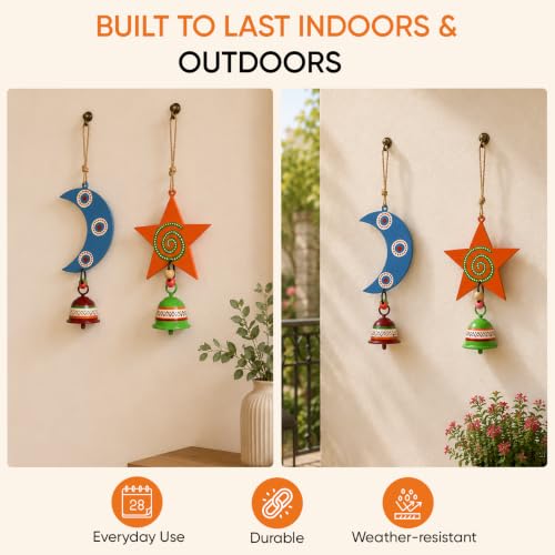 Image of Aakriti Art Creations Celestial Moon & Star Wind Chime Duo | Handmade Modern Art Wooden & Metal Wind Chimes | Decorative Indoor & Outdoor Hanging for Balcony, Garden, Living Room & Gifting
