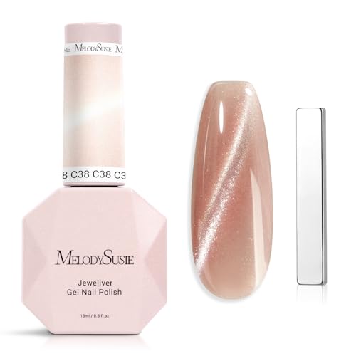 Image of MelodySusie Jeweliver Cat Eye Gel Nail Polish, 0.5 Fl Oz Nude Pink Glitter Holographic Magnetic Nail Polish with Magnet, UV Nail Polish for Nail Art Manicure Salon DIY at Home C38