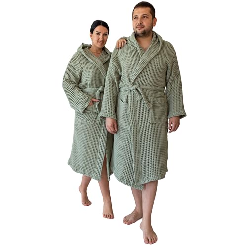 Viva Maison Unisex Hooded Waffle Robe for Women & Men 100% Turkish Cotton | Quick-Dry Bathrobe | Cozy Housecoat for Lounging (L-XL Size, Sage Green Robe)