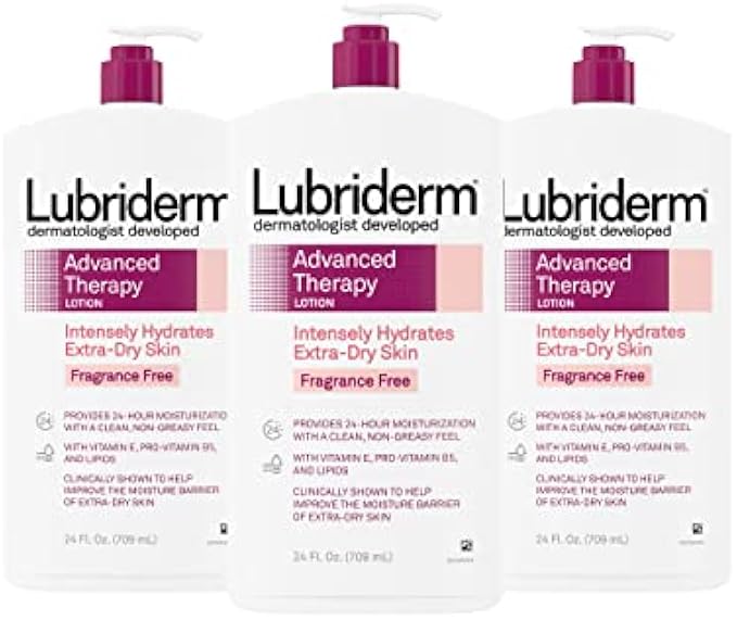 Lubriderm Advanced Therapy Fragrance-Free Moisturizing Lotion with Vitamins E and Pro-Vitamin B5, Intense Hydration for Extra Dry Skin, Non-Greasy Formula, Pack of Three, 3 x 24 fl. oz