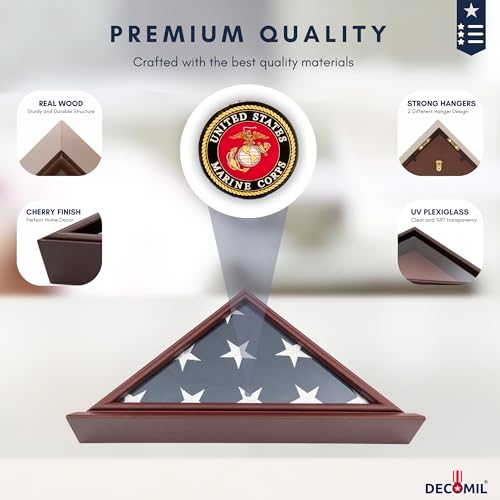 DECOMIL 5'x9' Flag Display Case for American Veteran Burial Flag - Solid Wood, Cherry Finish - Marine Corps