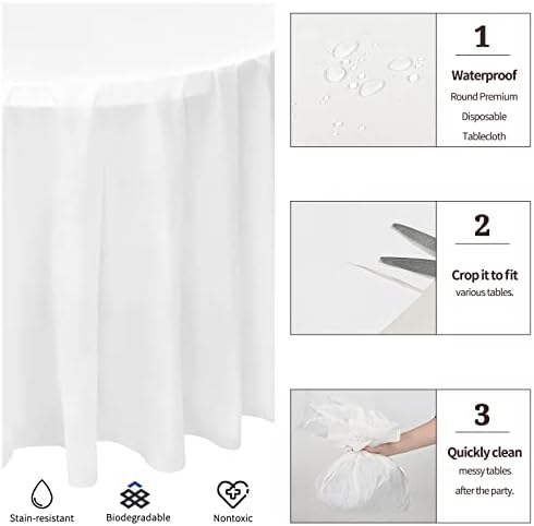 8 Pack Round Tablecloth, 84 inch White Disposable Table Covers PEVA Waterproof Plastic Round Tablecloths for Wedding, Parties, Holiday Dinner, Buffet Picnic, Thanksgiving, Banquet(White)
