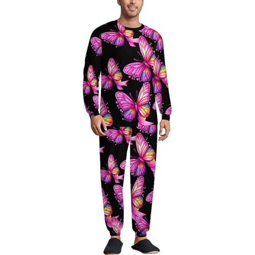 Rainbow Ribbon Breast Cancer Awareness Mens Pajamas Set Long Sleeve Sleepwear Pjs Set Shirts And Bottoms Sleep Sets Loungwear