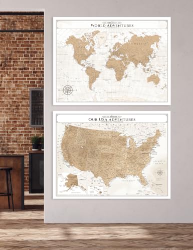 Image of IPIC - Vintage World and USA Push Pin Travel Map Set on Canvas, Large Wall Art for Travel Tracking, Gift for Travelers, Made in USA