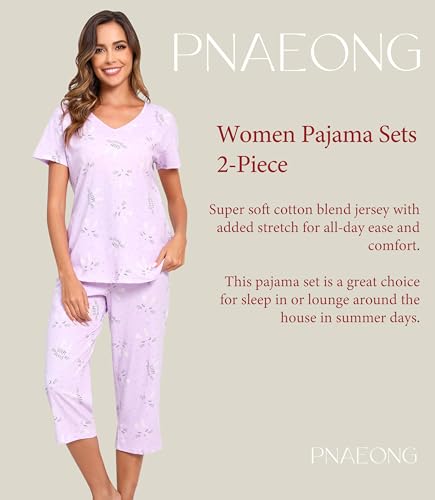 Image of PNAEONG Women Pajama Set Sleepwear Tops with Capri Pants Casual and Fun Prints Pajama Sets