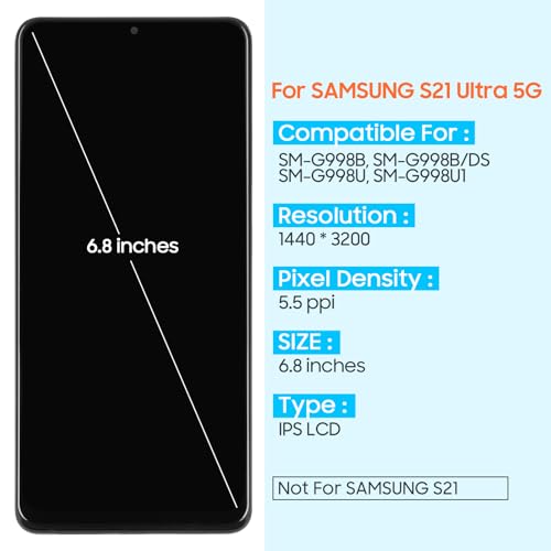 for Samsung Galaxy S21 Ultra 5G Screen Replacement - for Galaxy S21 Ultra 5G LCD Display SM-G998B G998U G998N for Samsung S21 Ultra 5G LCD Touch Screen Digitizer Glass Assembly with Frame (Black)