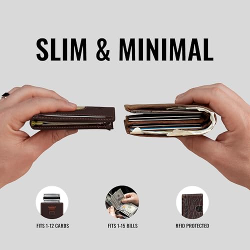 Image of Kings Loot Money Clip Slim Minimalist Wallet for Men - RFID Blocking Leather Design with Money Clip - Front Pocket Bifold Holds 12 Cards - Stylish & Compact Wallets (Umber)